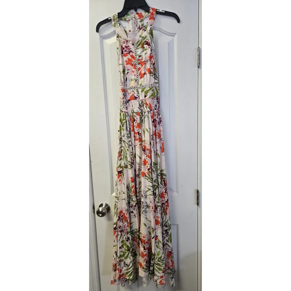 Axel The Label Pink Floral Halter Maxi Dress Smocked Waist Small Tropical Boho